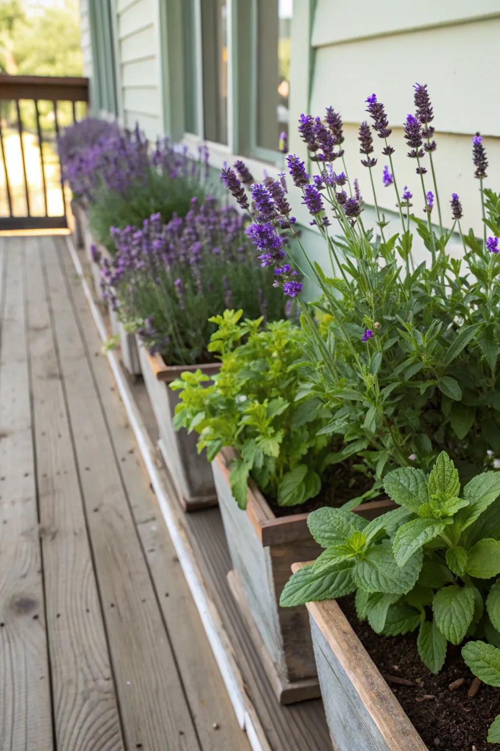 Bug-repelling herbs like lavender and mint add fragrance to your porch.