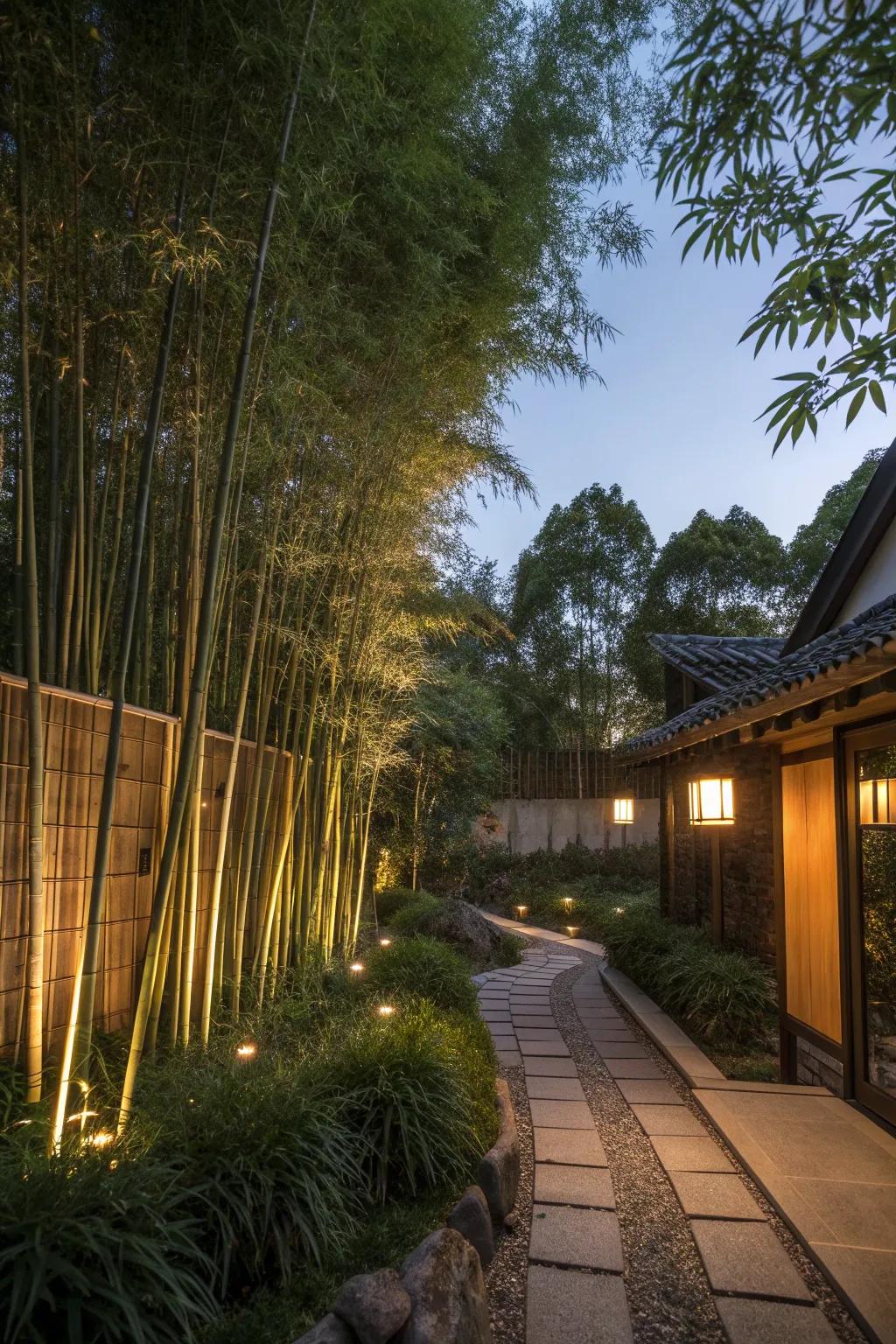 Garden lighting enhances evening ambiance.