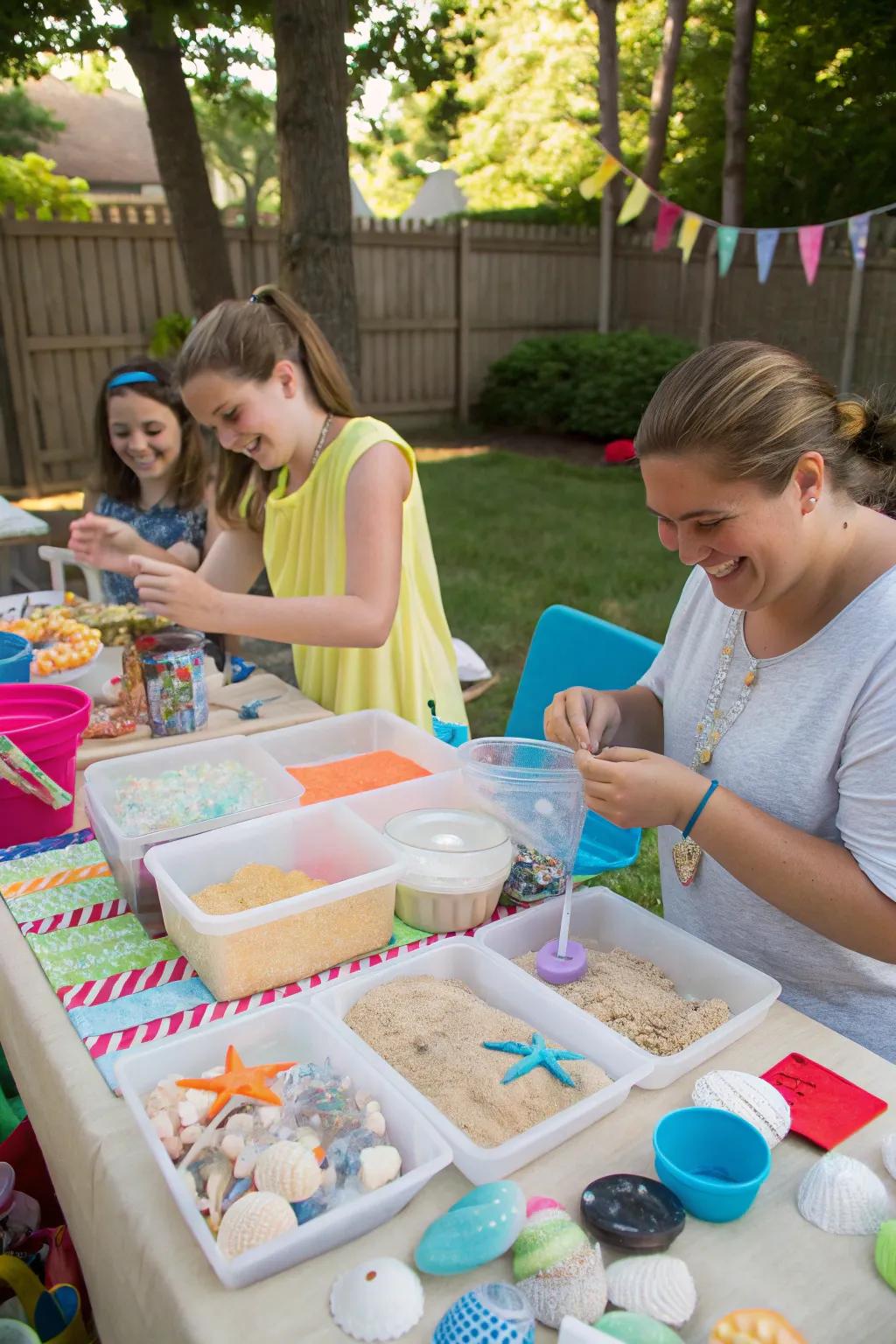 Backyard craft station with supplies for making beach-themed crafts, surrounded by happy participants.