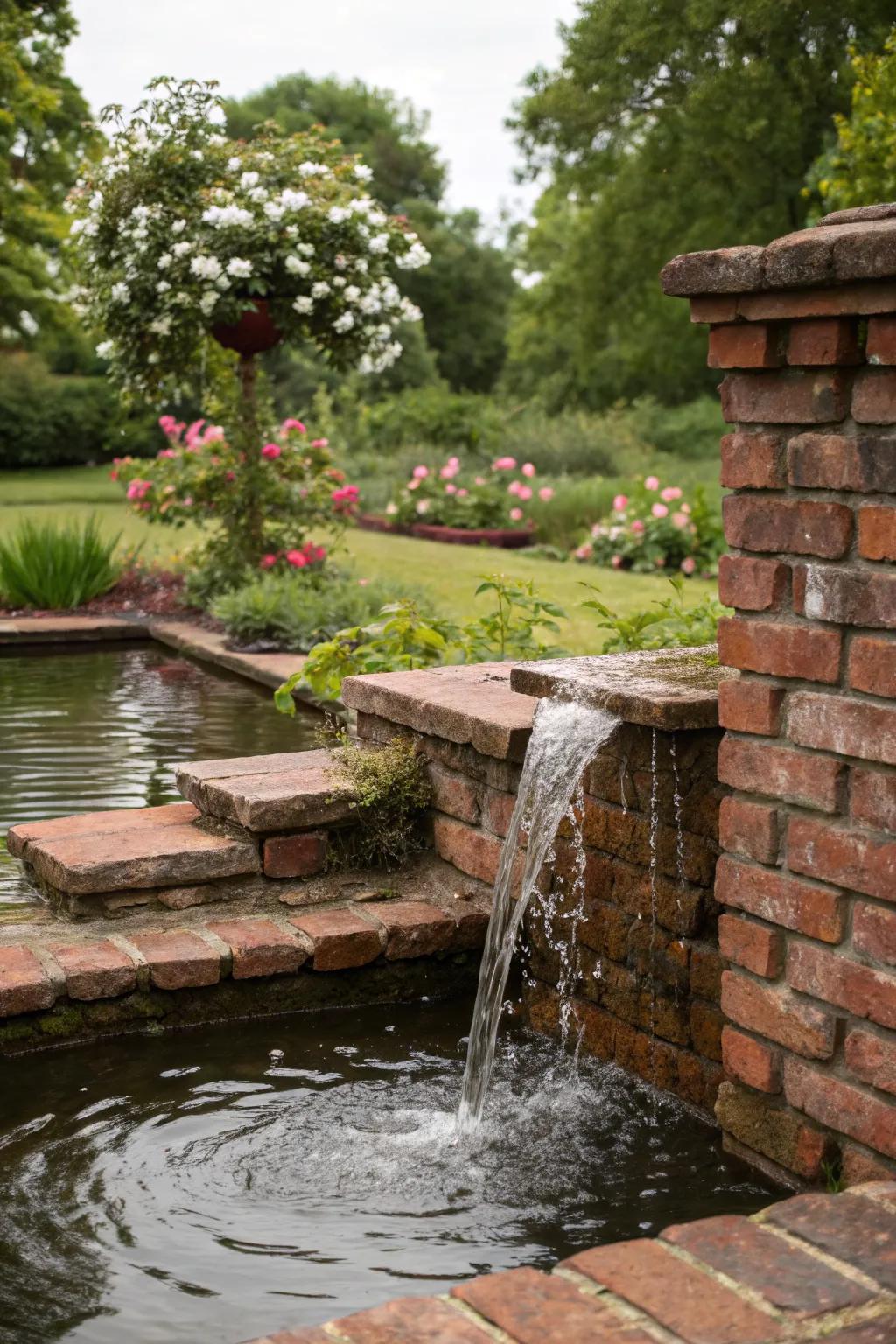 A brick water feature adds serenity to gardens.