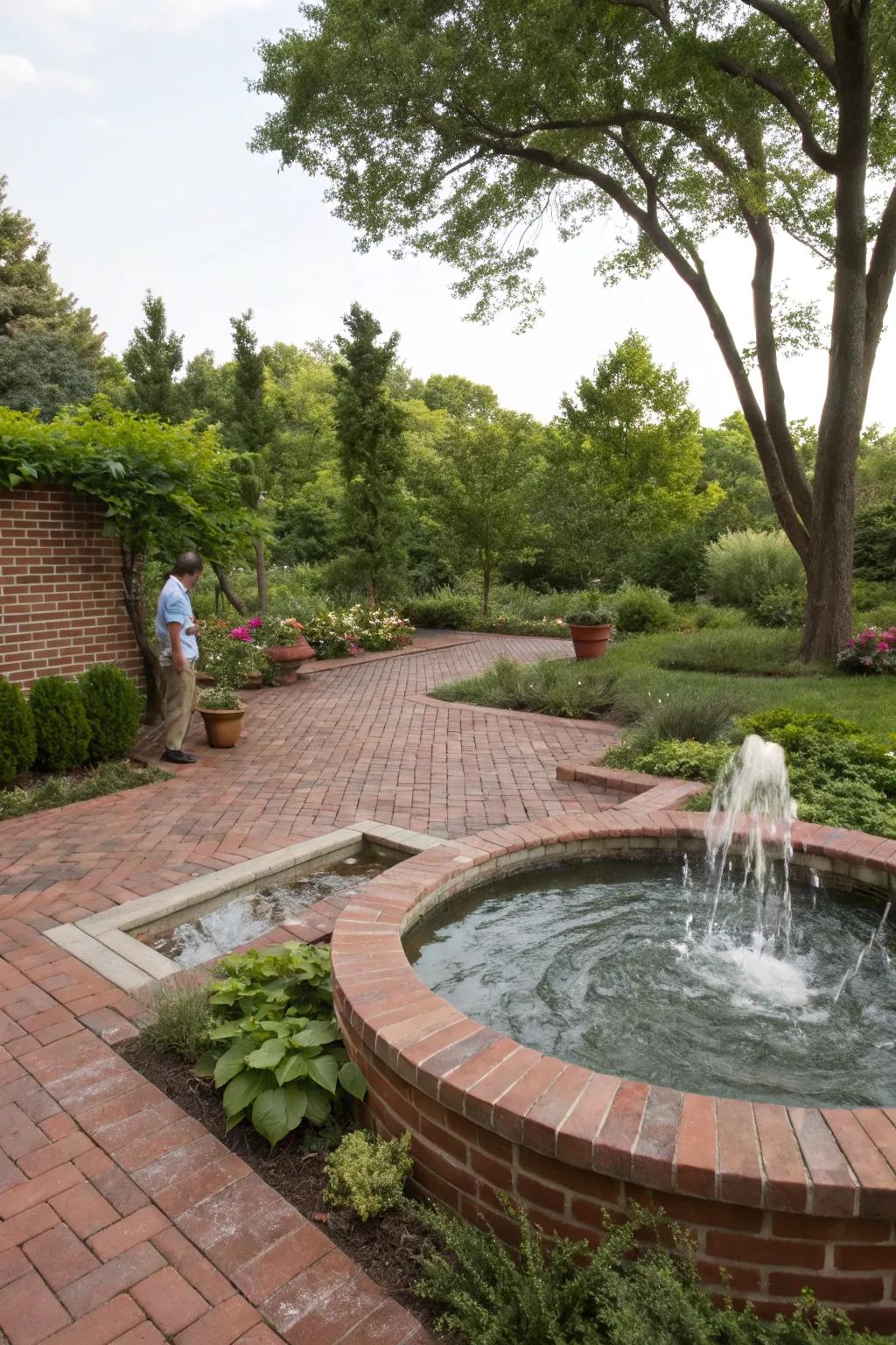 Water features add tranquility and elegance to a brick patio.