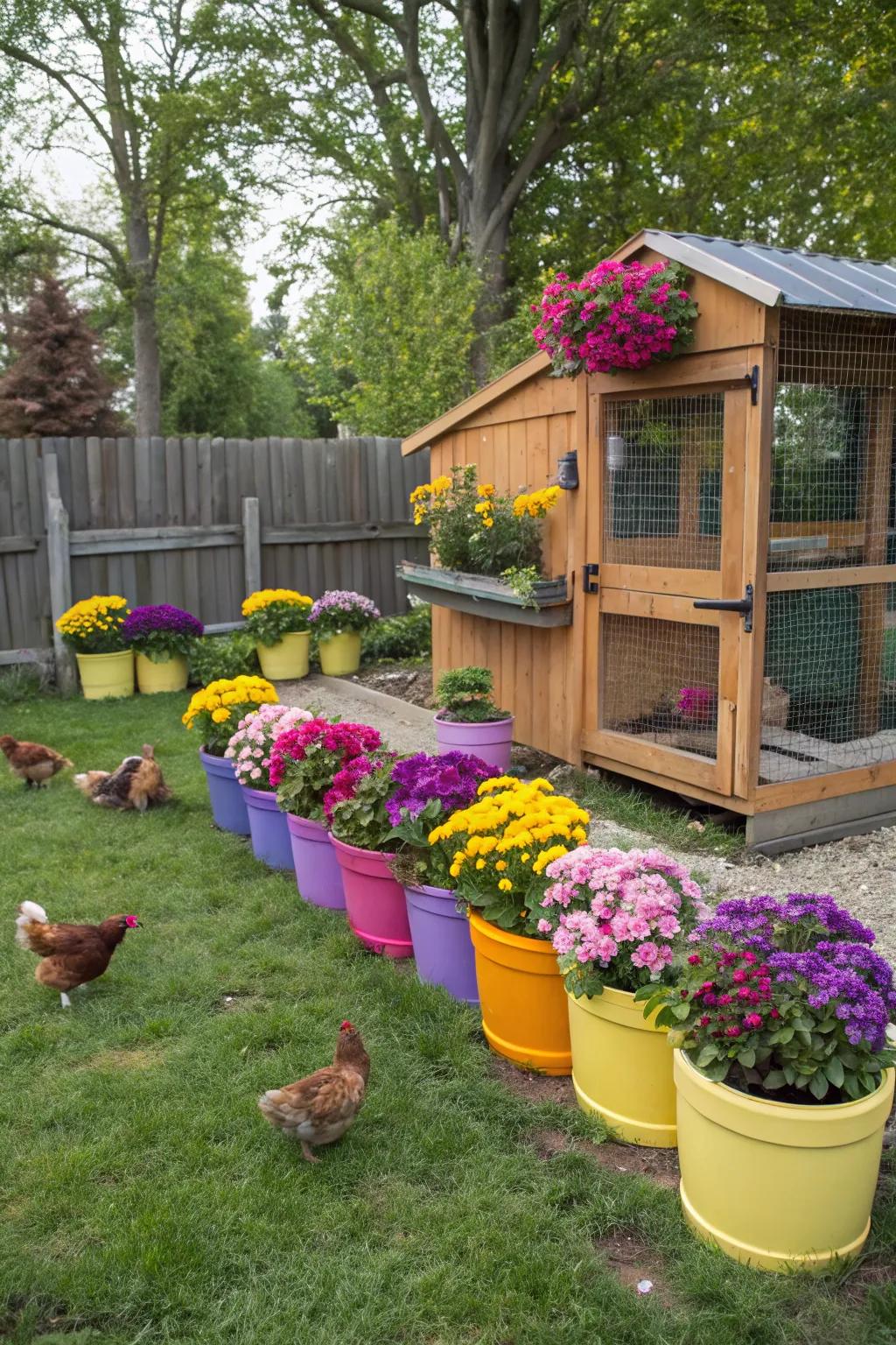 Colorful planters bring playfulness and flexibility to the coop area.