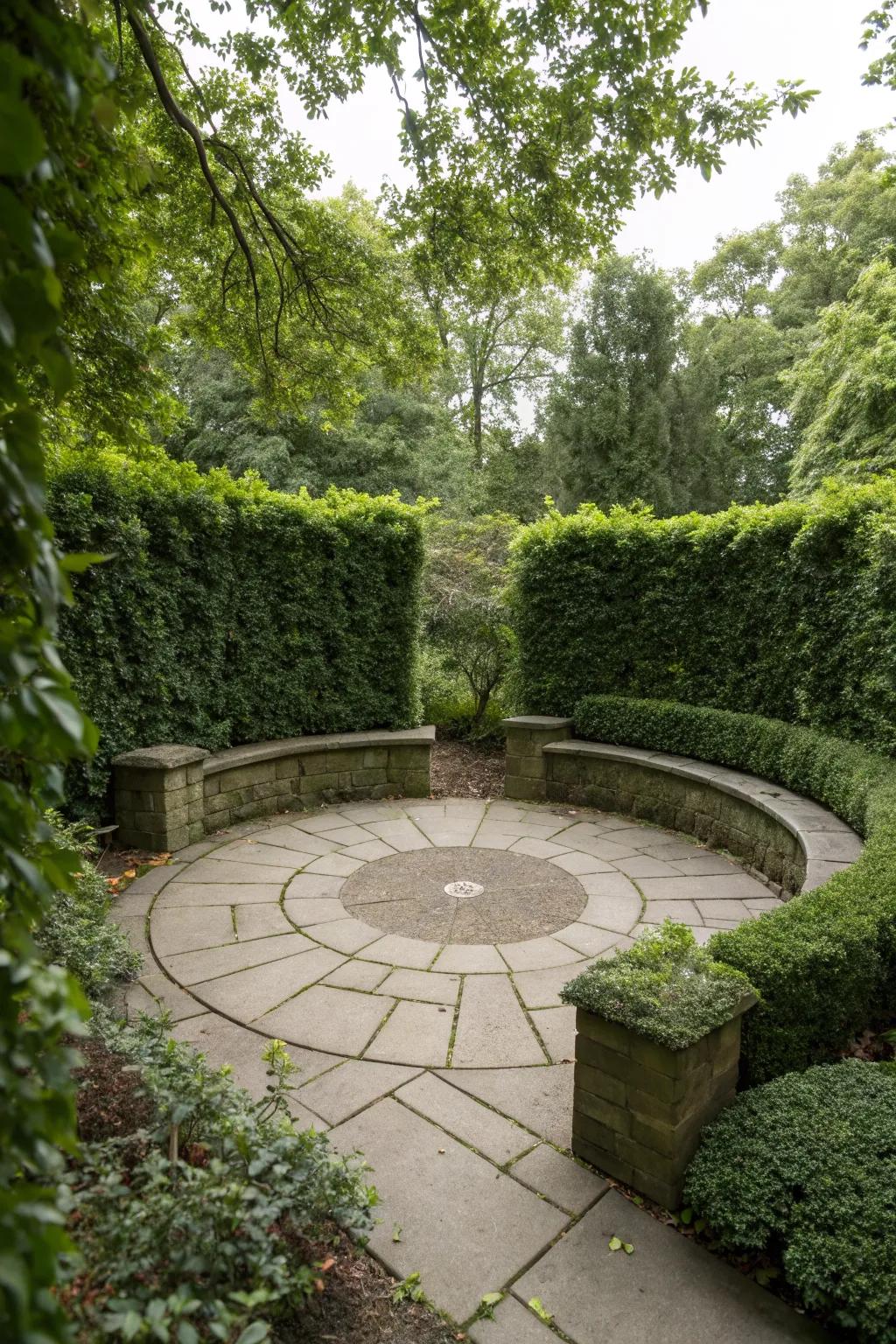 A private escape on a circular patio with cozy fencing.