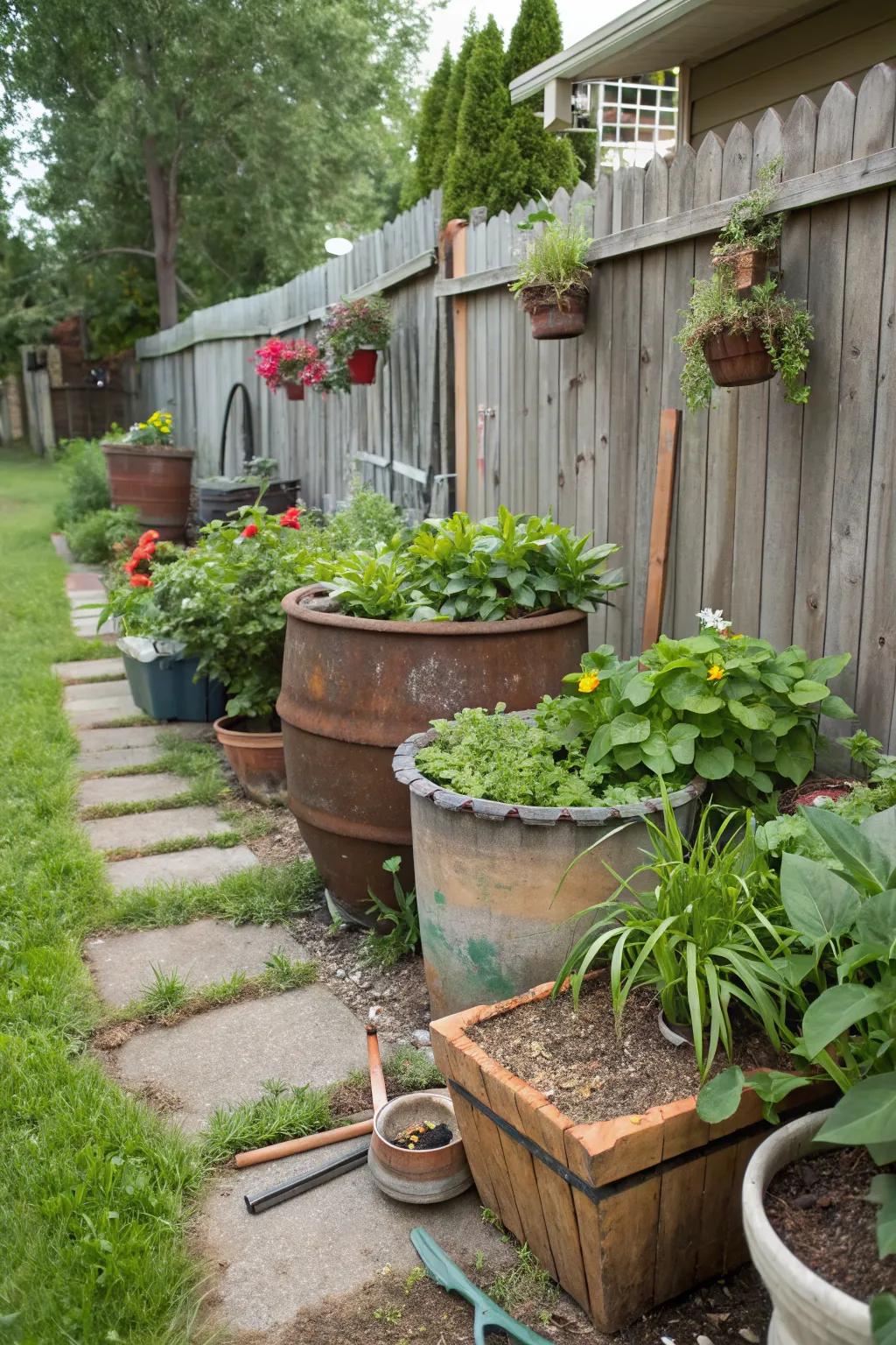 Repurposed pots bring charm and sustainability to your garden.