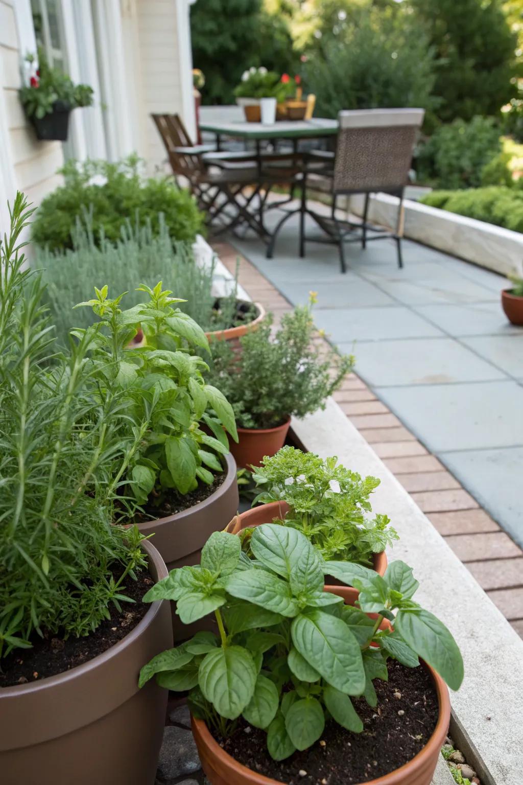 A mini herb garden adds convenience and freshness to your dining setup.