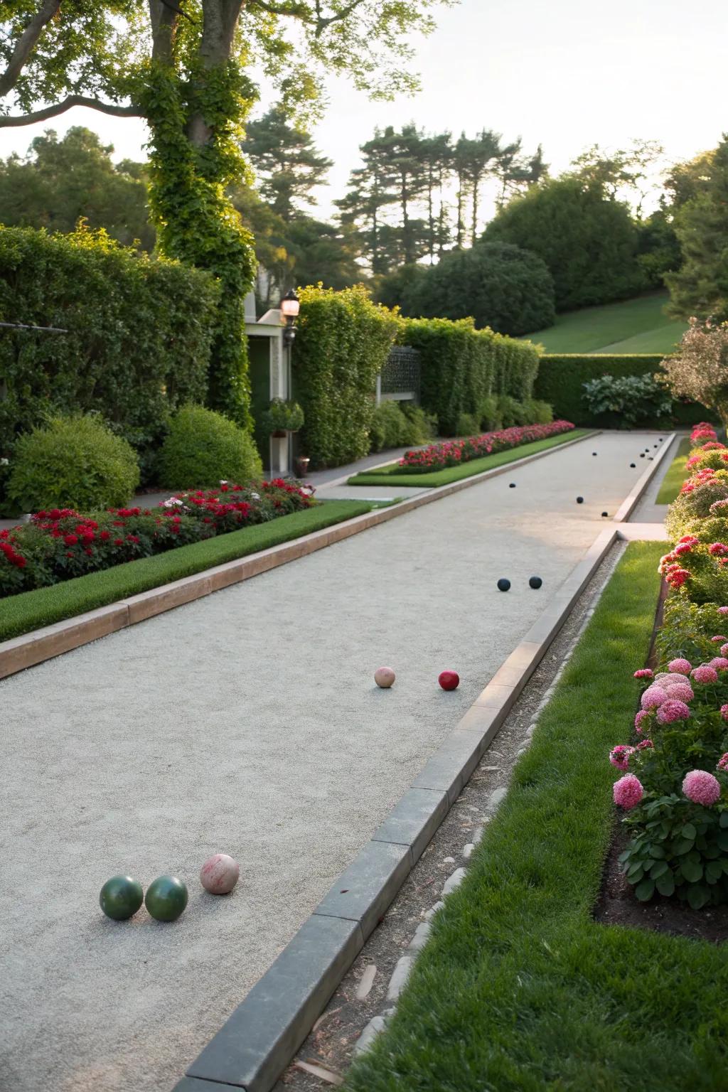 A bocce ball court driveway combines fun and function.