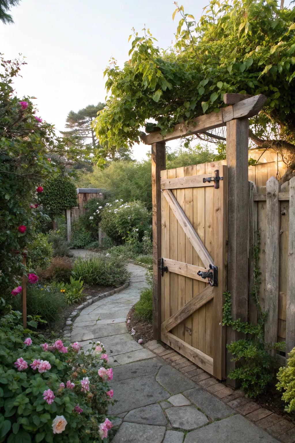 A rustic wooden gate with a natural finish at a backyard entrance.