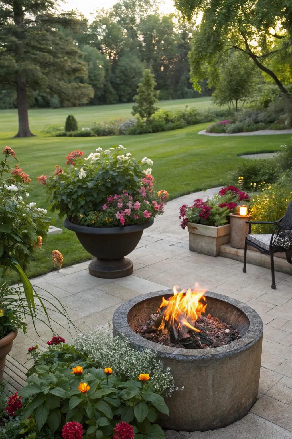 A fire pit with surrounding planters enhances the natural beauty of your backyard.