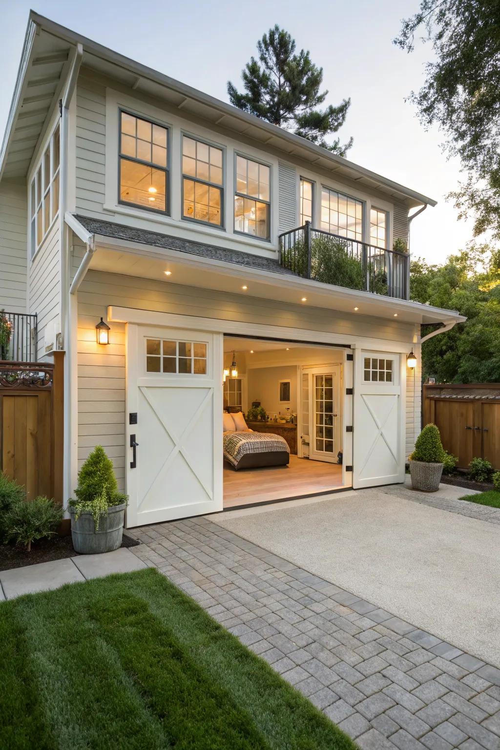 A cozy guest suite designed above a backyard garage.