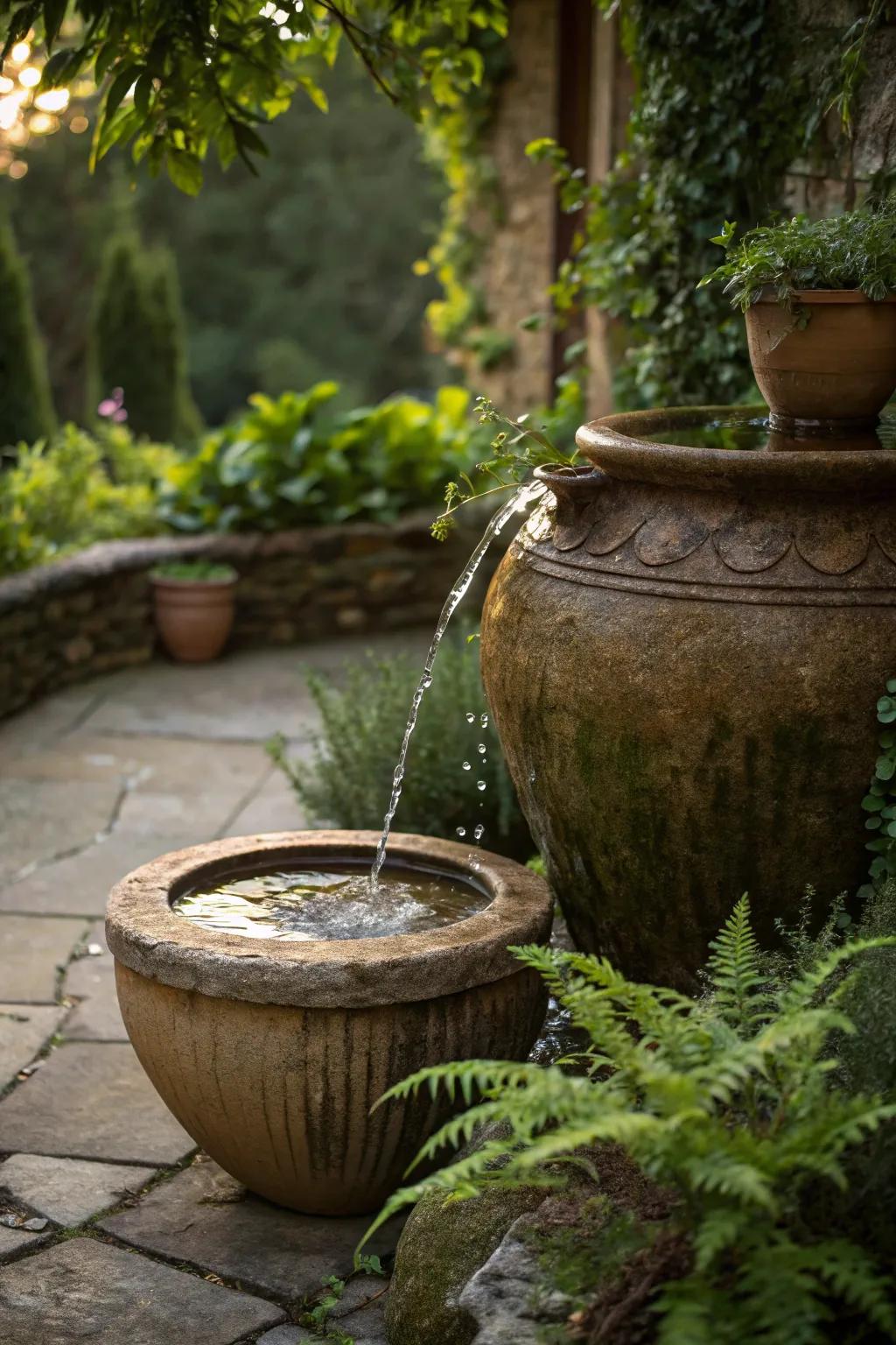Rustic pot fountains add charm and character.