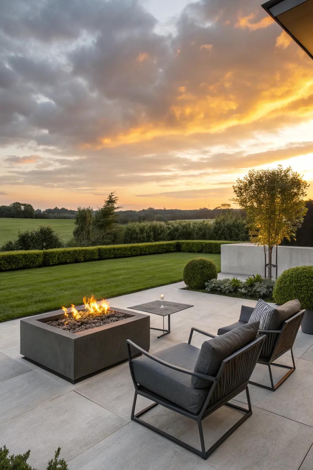 A minimalist metal gas fire pit offers style and durability.