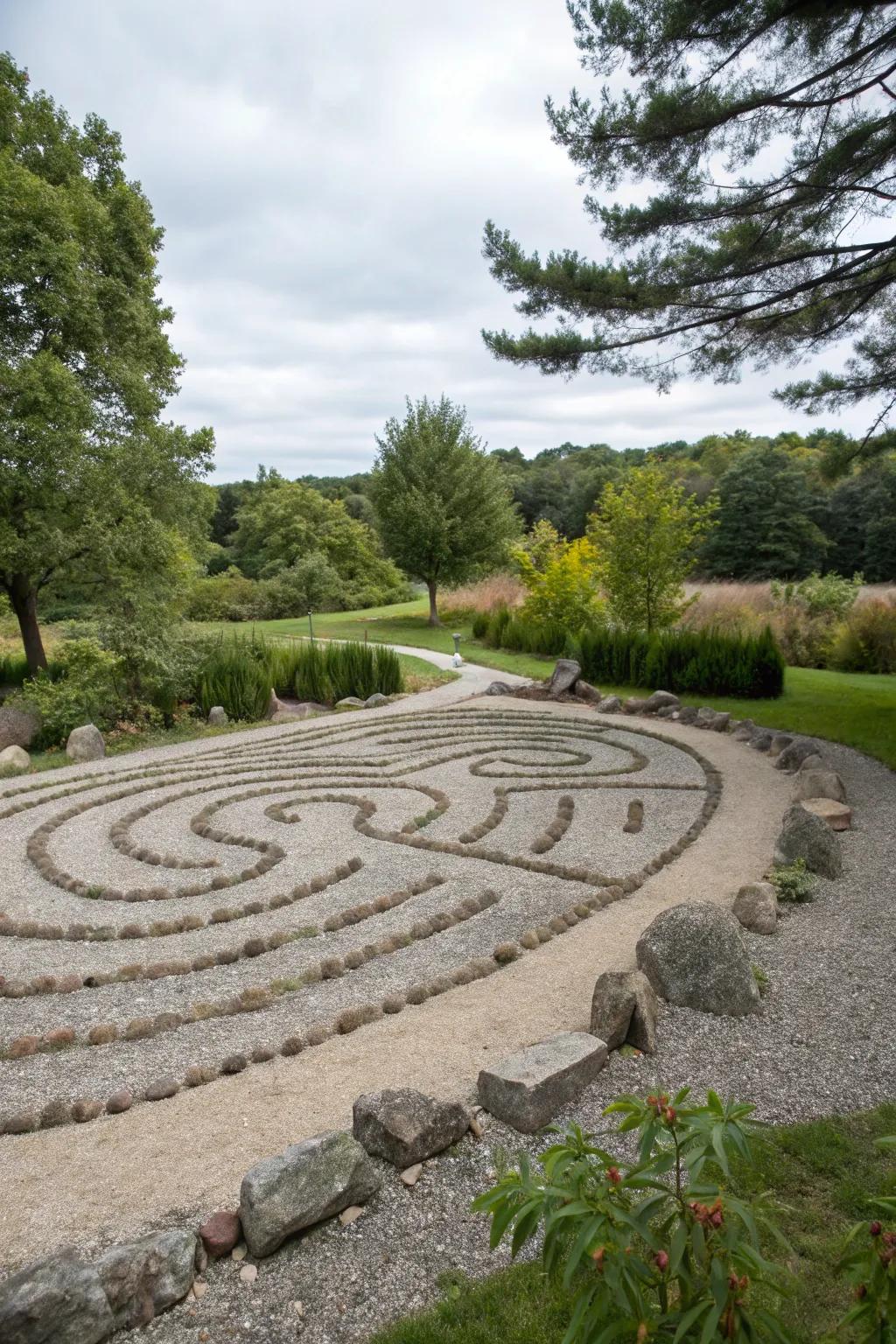 A gravel labyrinth adds an element of mystery and contemplation.