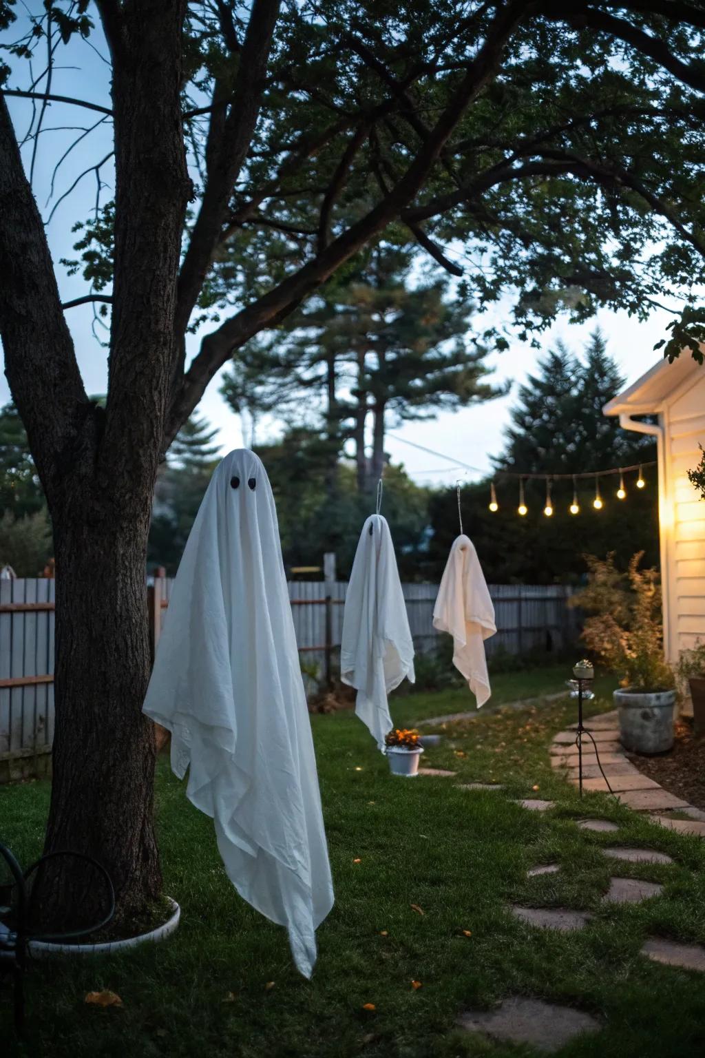 Floating ghosts add a ghostly presence.