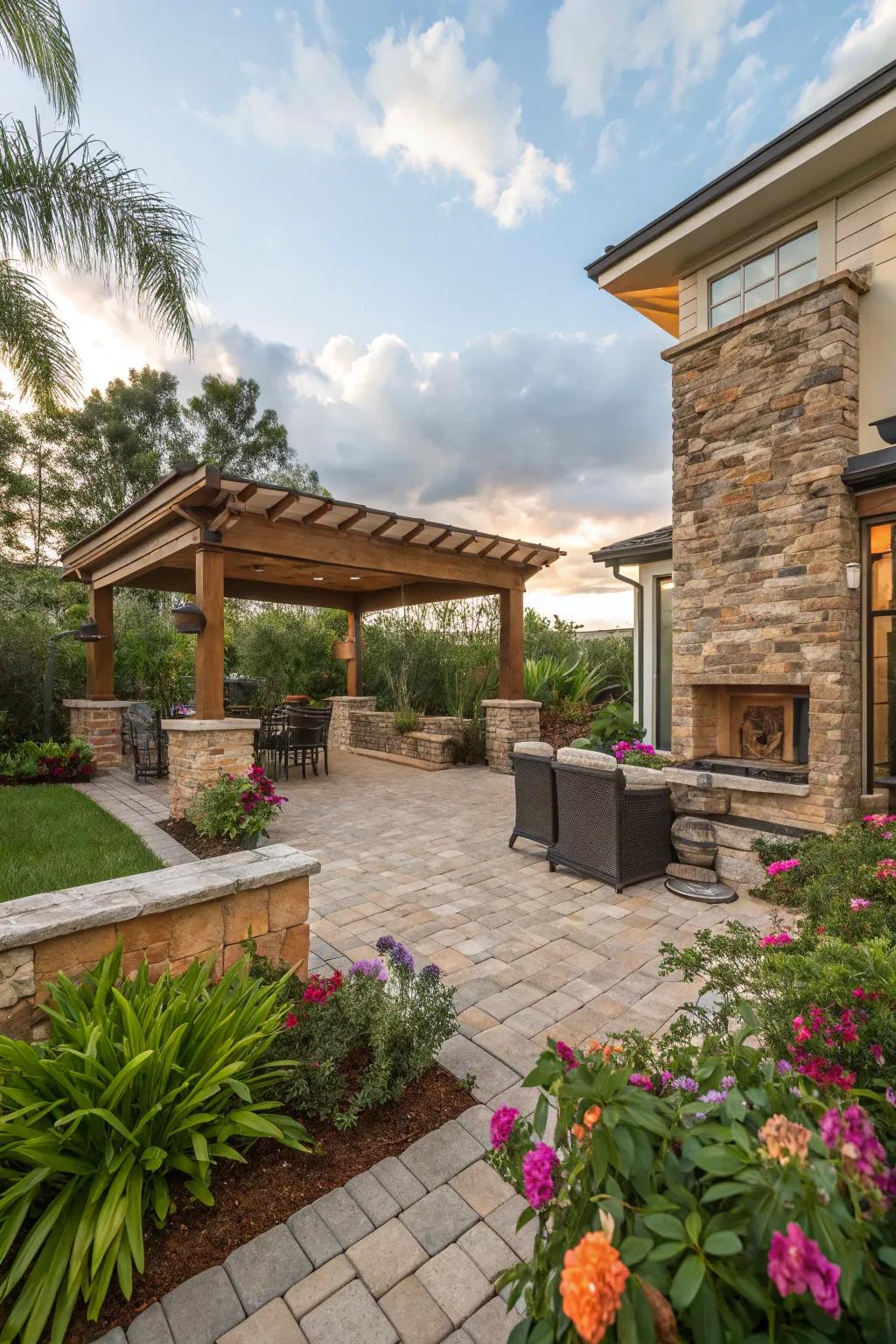 A Florida backyard patio showcasing mixed materials for added texture.