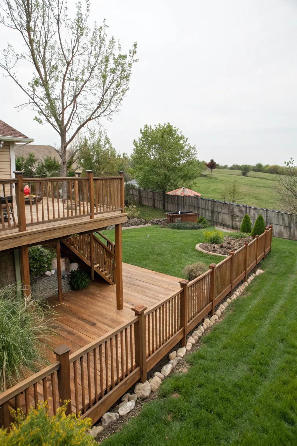 An elevated deck offering a relaxing view of lush grass.