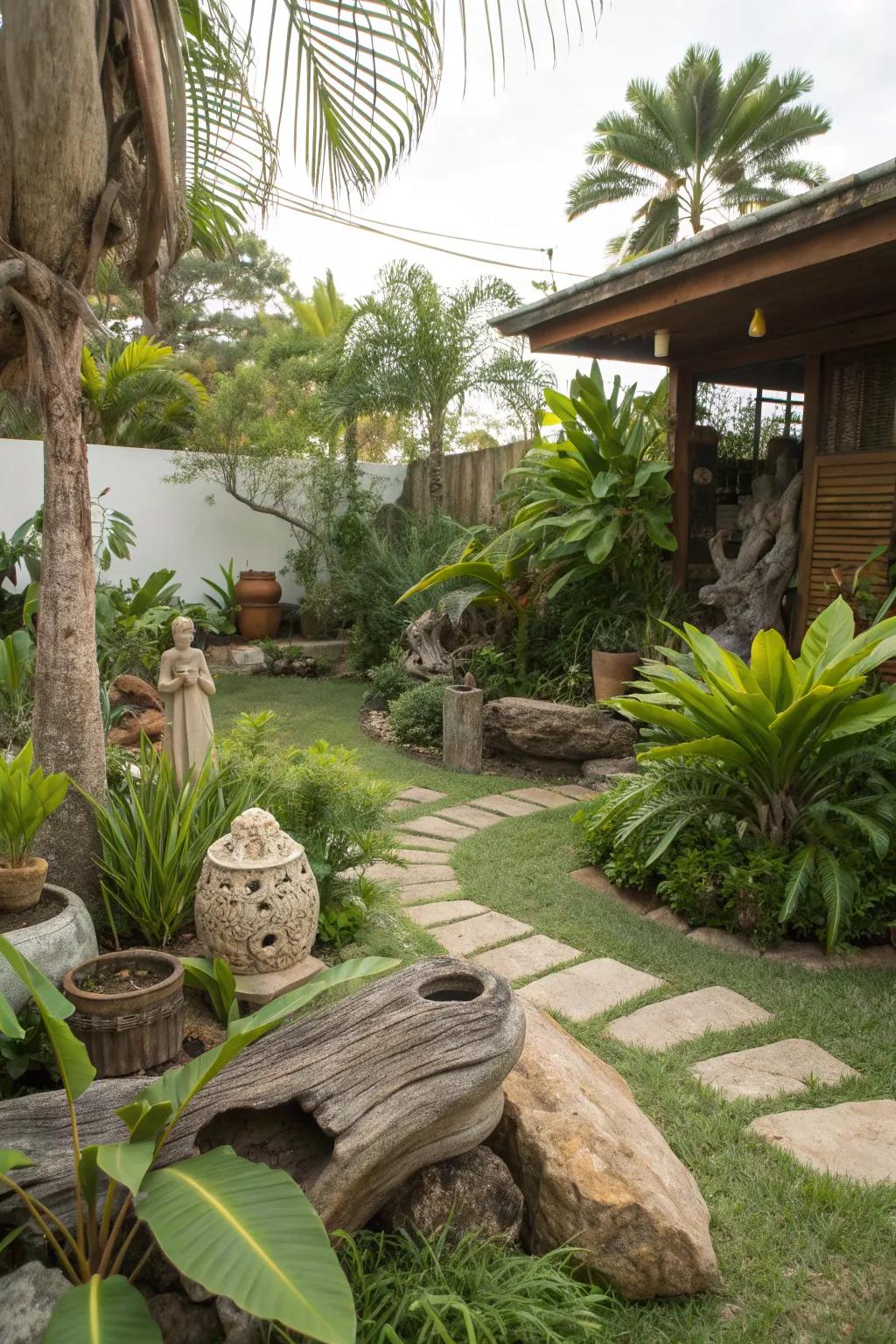 Enhance your jungle theme with artful decor like sculptures.