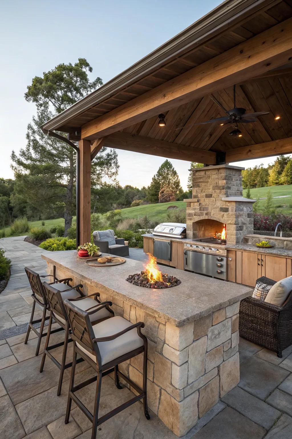 An inviting outdoor kitchen with a central fire pit and cozy seating.