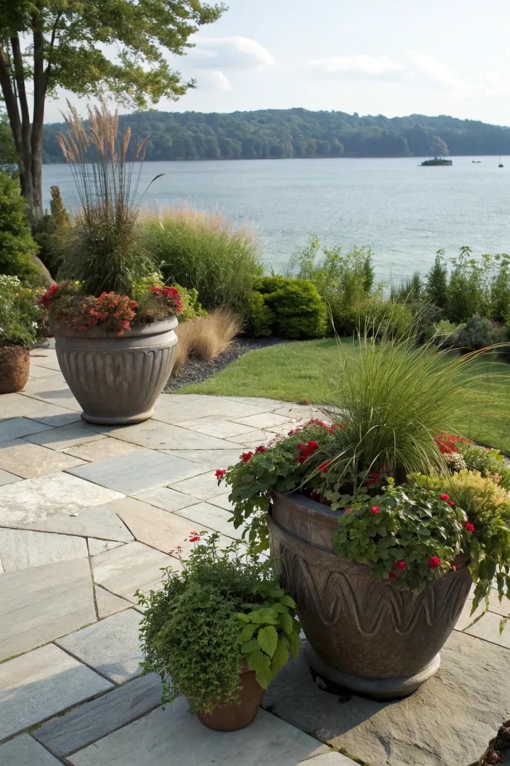 Container gardening offers flexibility and style in rocky areas.