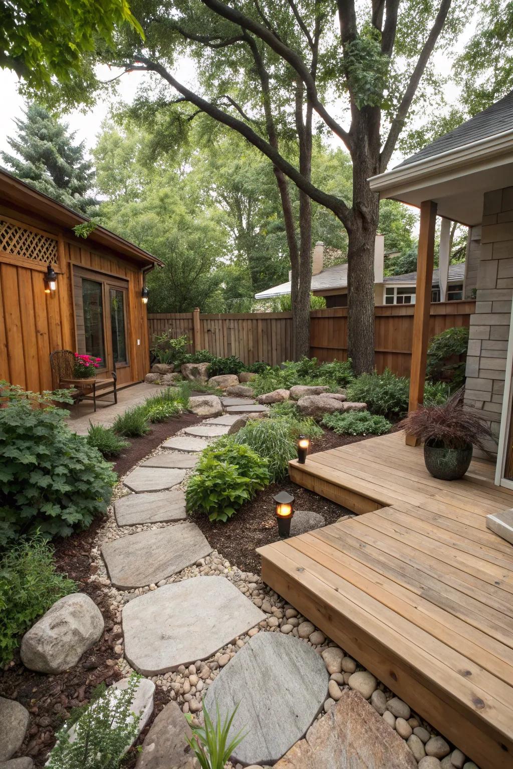 A rustic Milwaukee backyard featuring natural wood and stone elements.