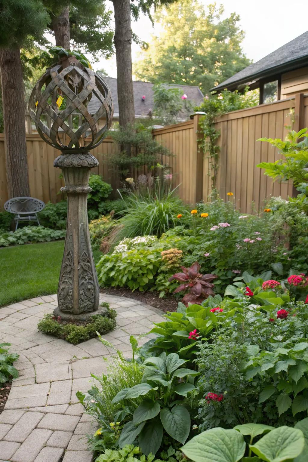 A unique garden sculpture adding artistic flair to a backyard.