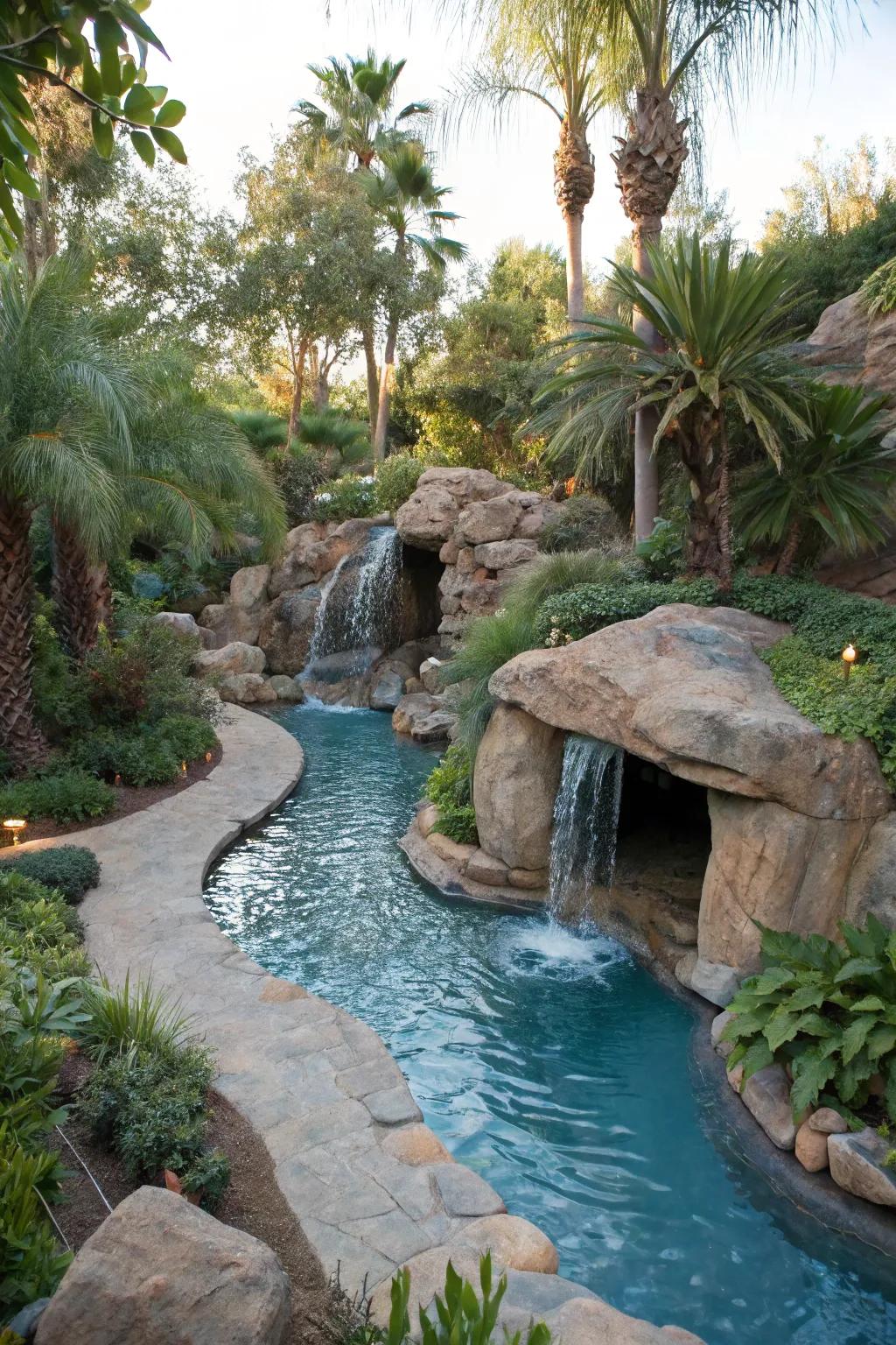 A hidden grotto adds an element of surprise to your lazy river.