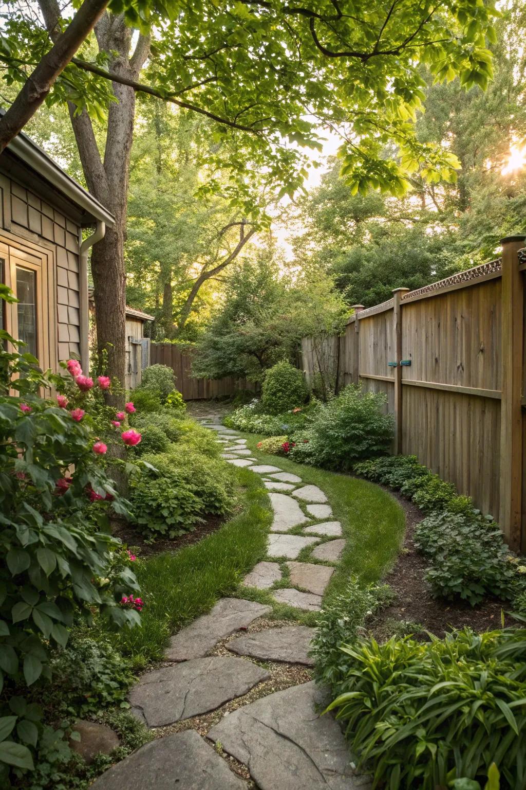 A stone pathway enhances the garden’s natural charm.