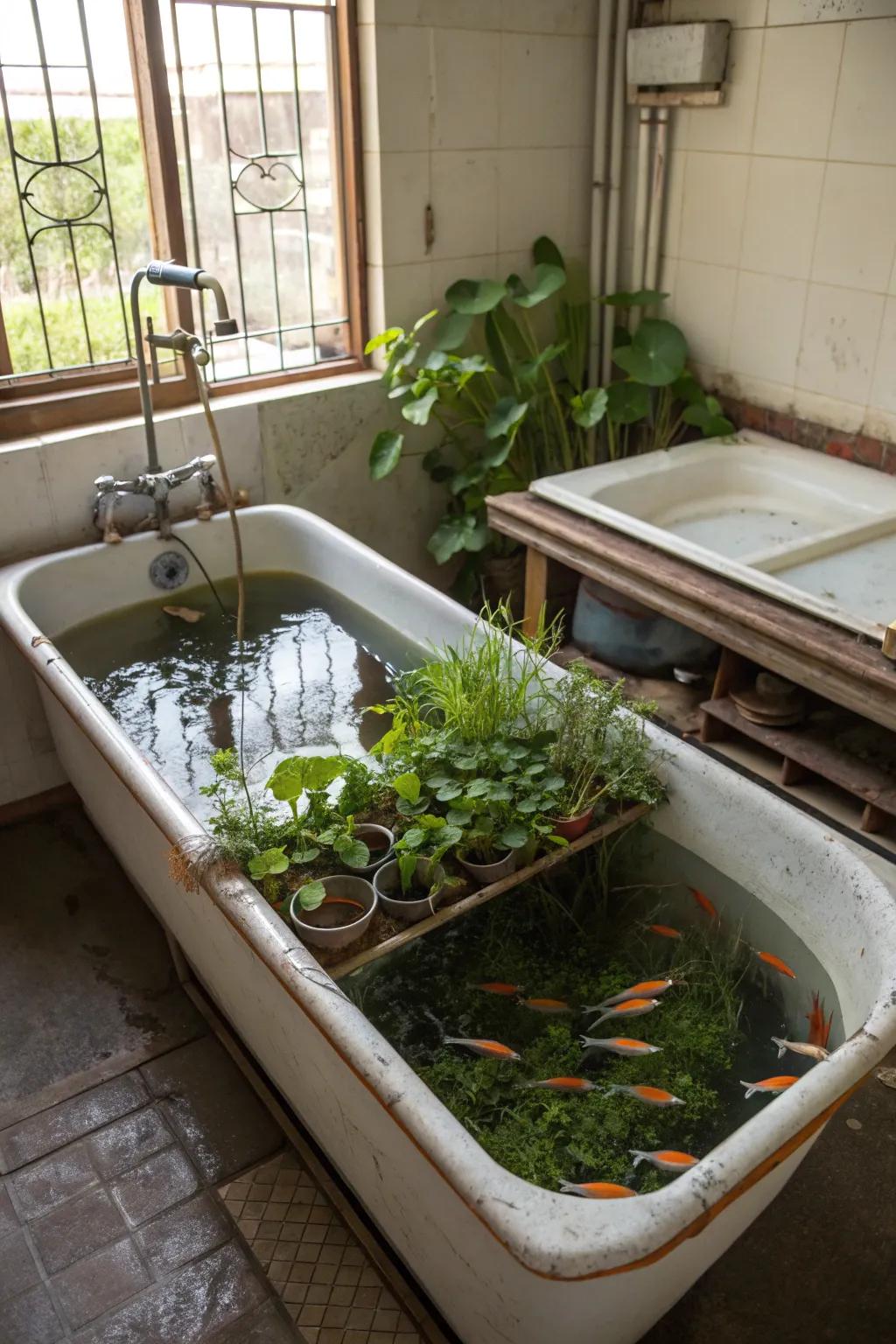 An innovative aquaponics system using an old bathtub.
