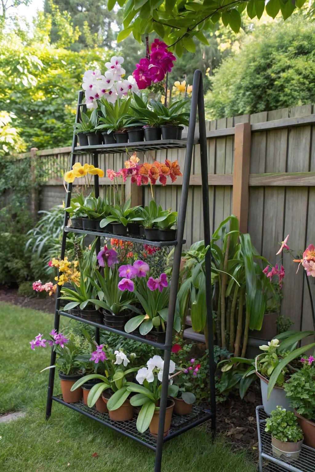 Multi-level racks maximizing orchid display space.