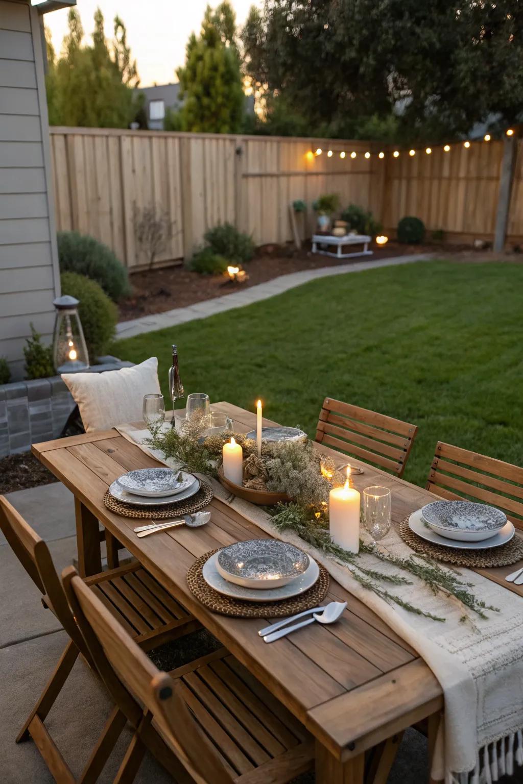 Enjoy meals under the sky with a charming outdoor dining setup.