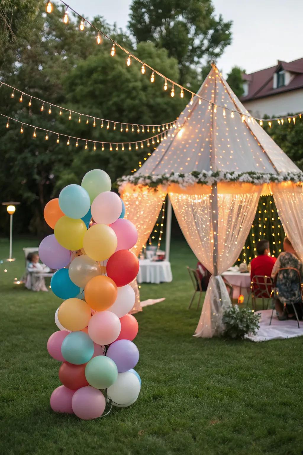 Create a festive atmosphere with tents and balloons.