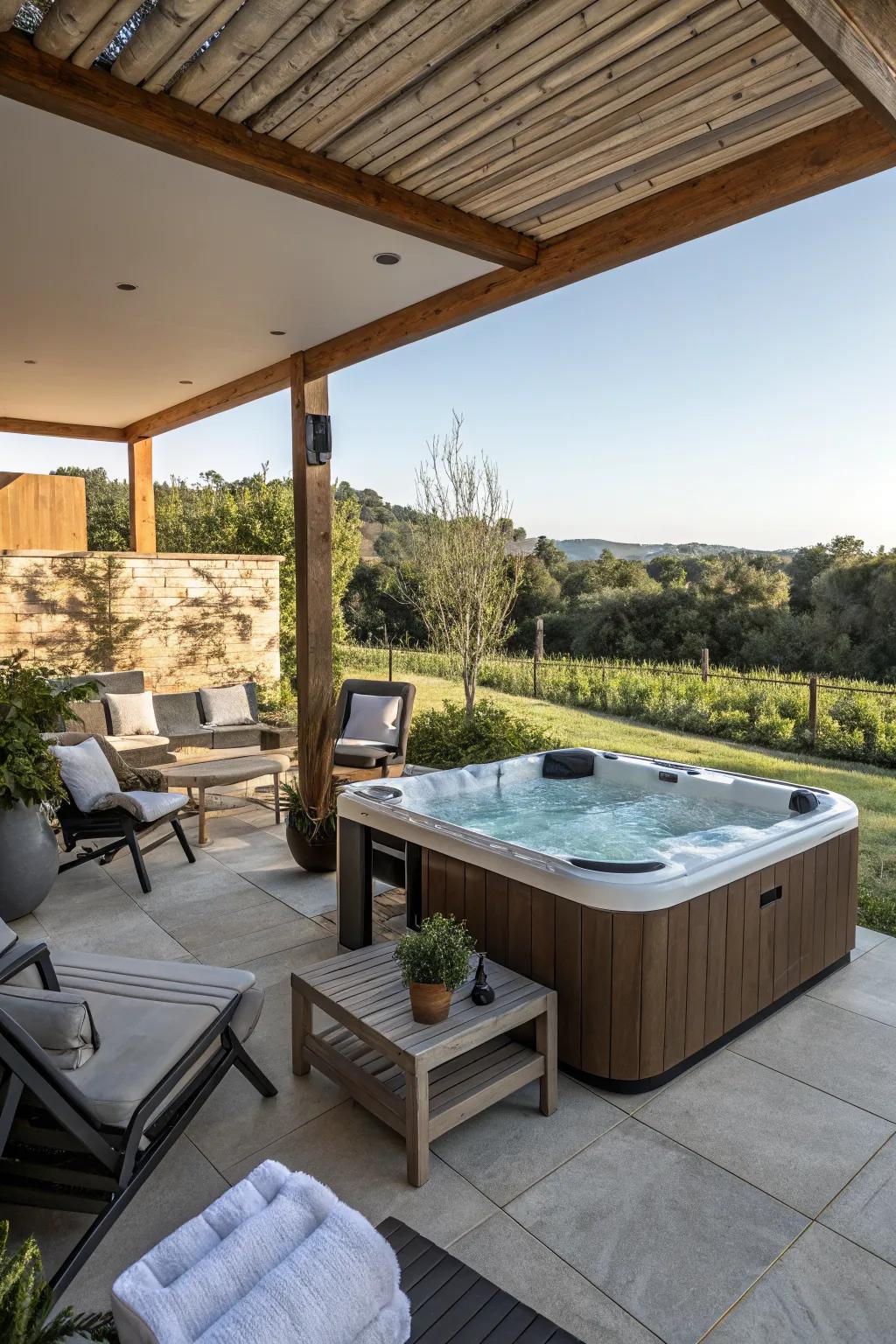 A blend of modern and rustic styles creates a unique patio vibe.