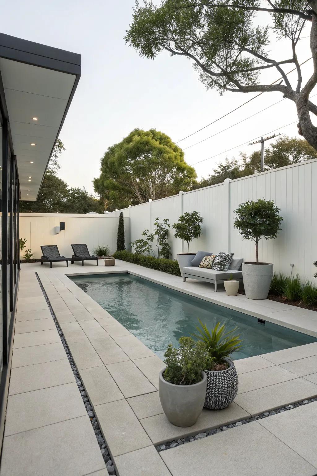 Minimalist aesthetics adding a modern touch to the pool area.