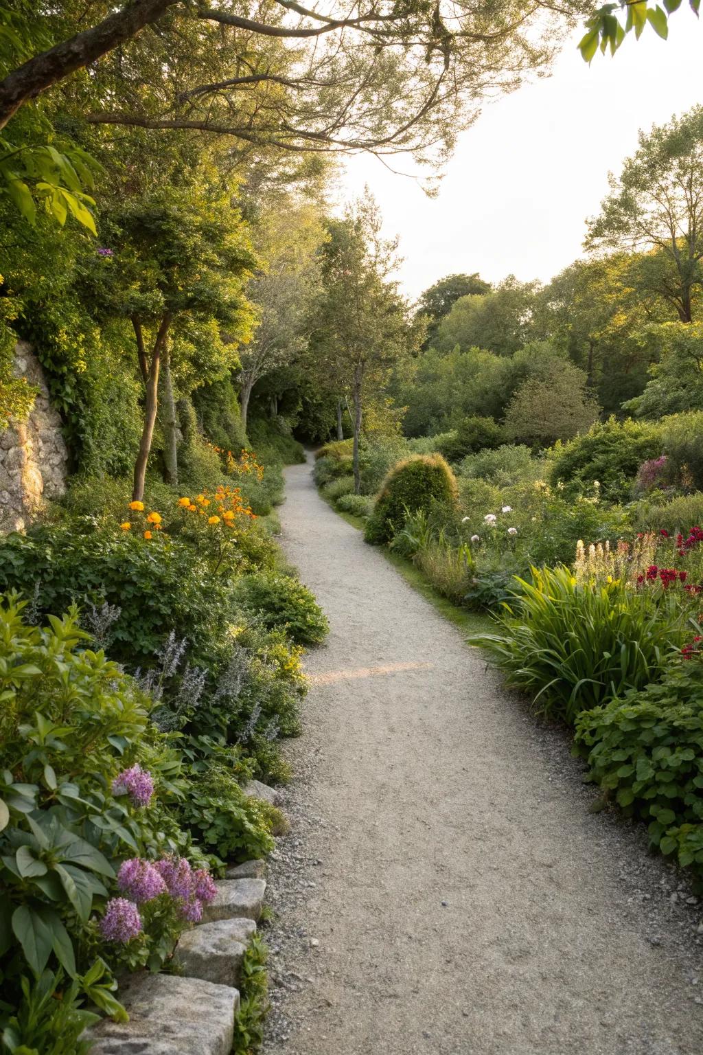 Charming gravel pathway through a lush garden.