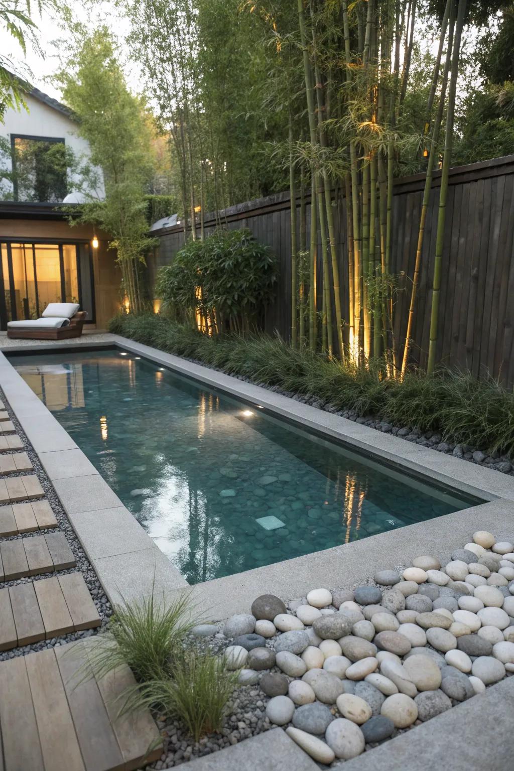 A Zen garden-inspired pool area with bamboo and tranquil design elements.