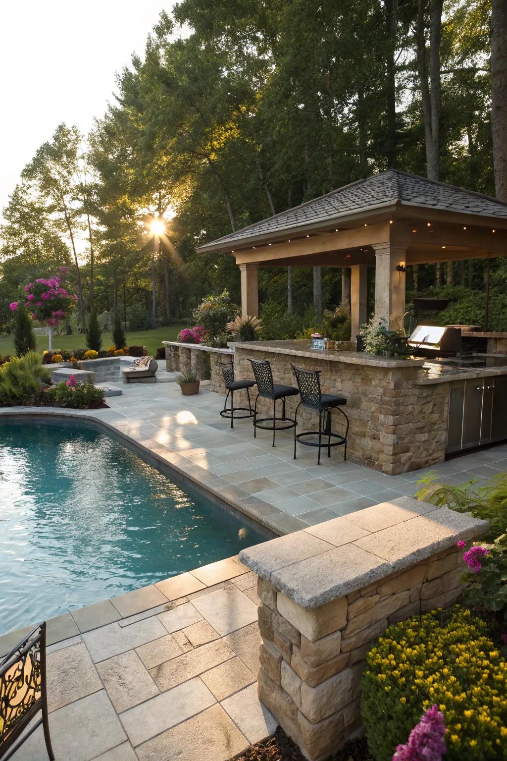 Natural stone adds timeless elegance to your swim-up bar.