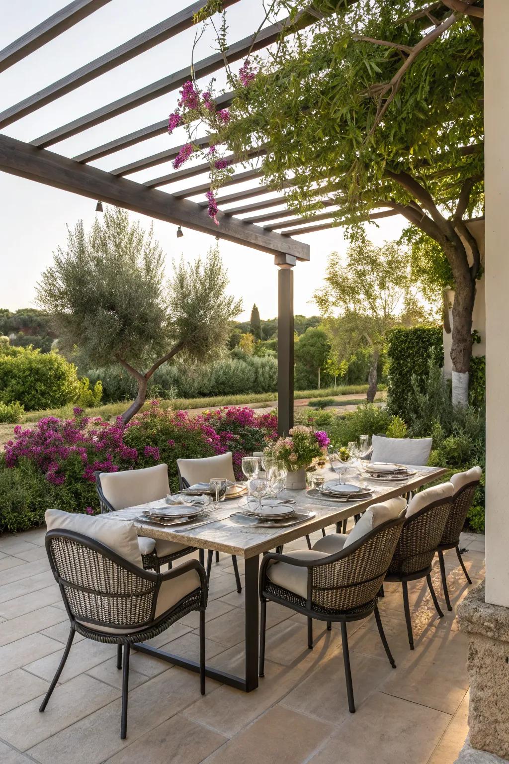 Dine in style with a chic outdoor dining area.