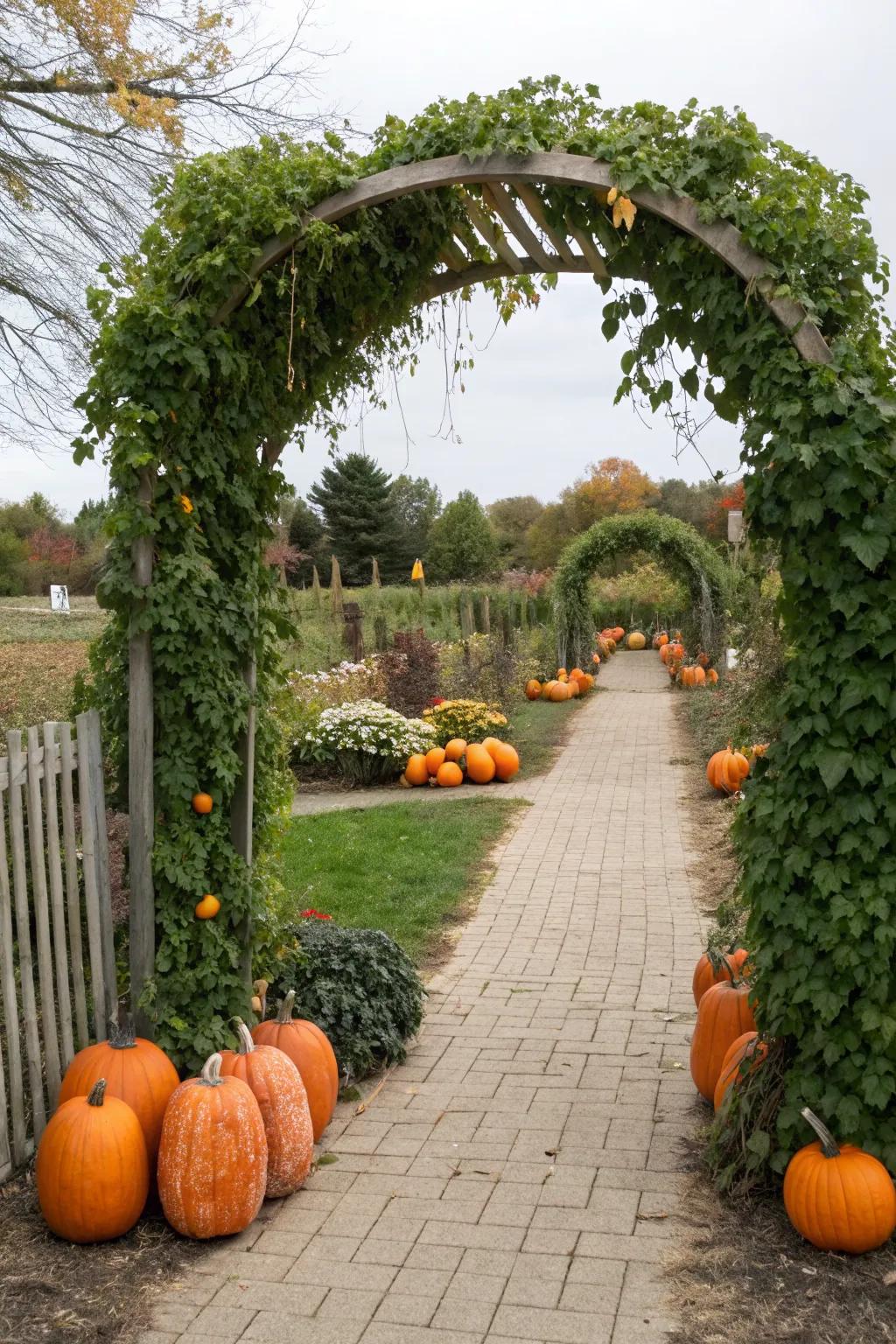 A pumpkin archway creates a grand entrance to your backyard patch.
