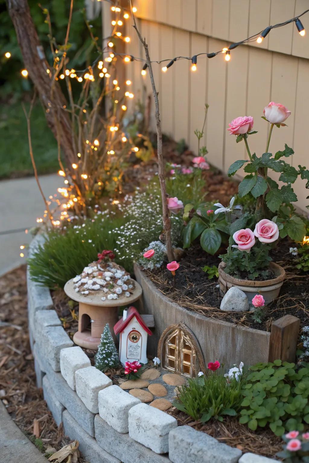 A fairy garden with miniature roses brings magic and whimsy to outdoor spaces.