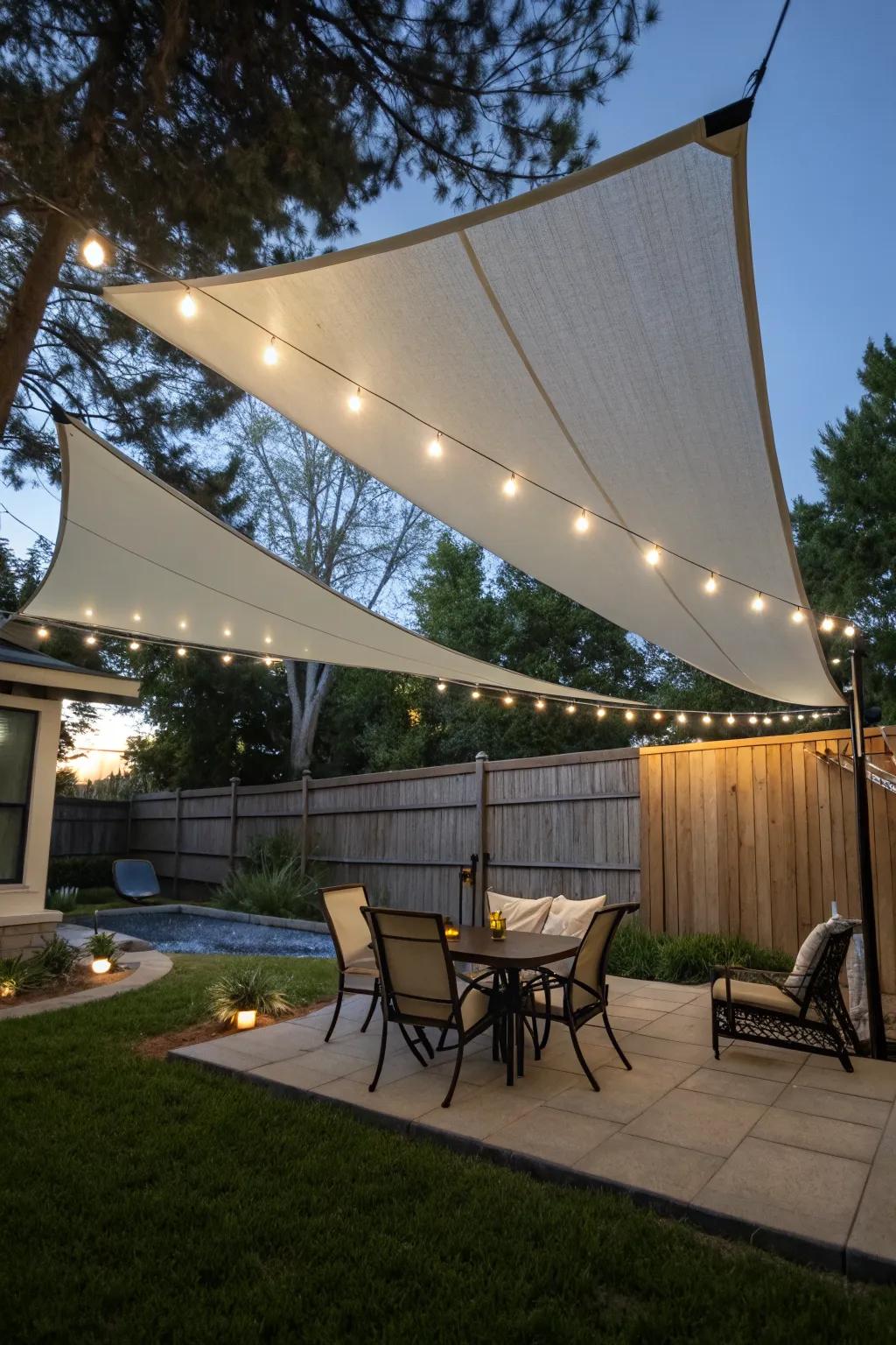 Sail shades illuminating a backyard with integrated LED lighting for nighttime ambiance.