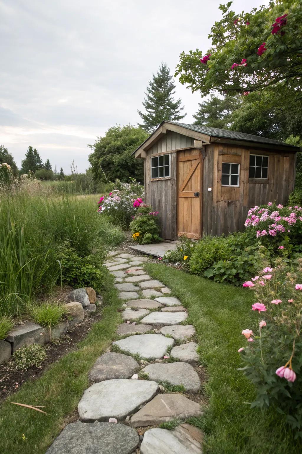 A stone pathway invitingly leads to the backyard shed.