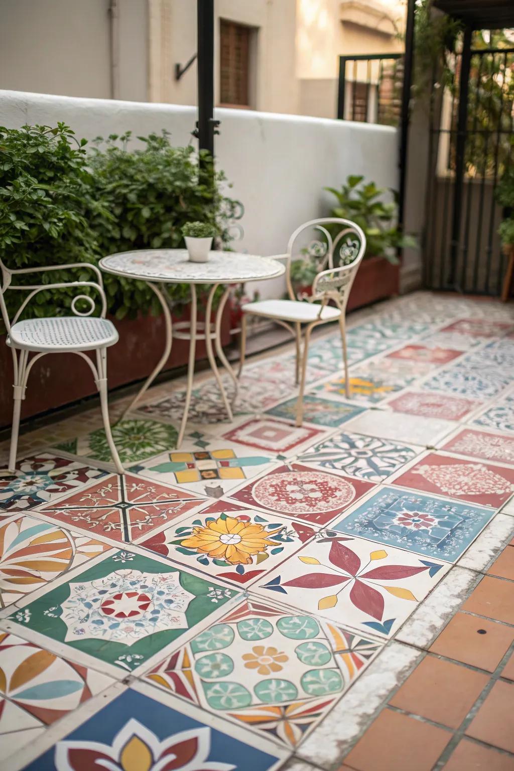 Add artistic flair with colorful patterned patio tiles.