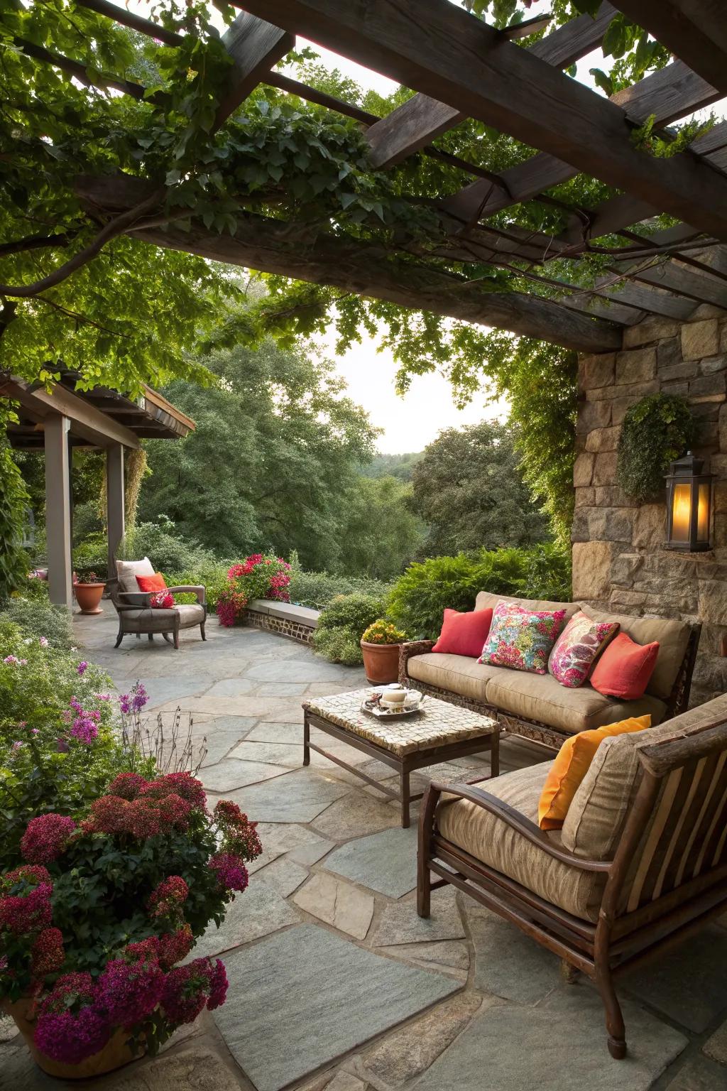 Comfortable seating with plush cushions enhances this stone patio.