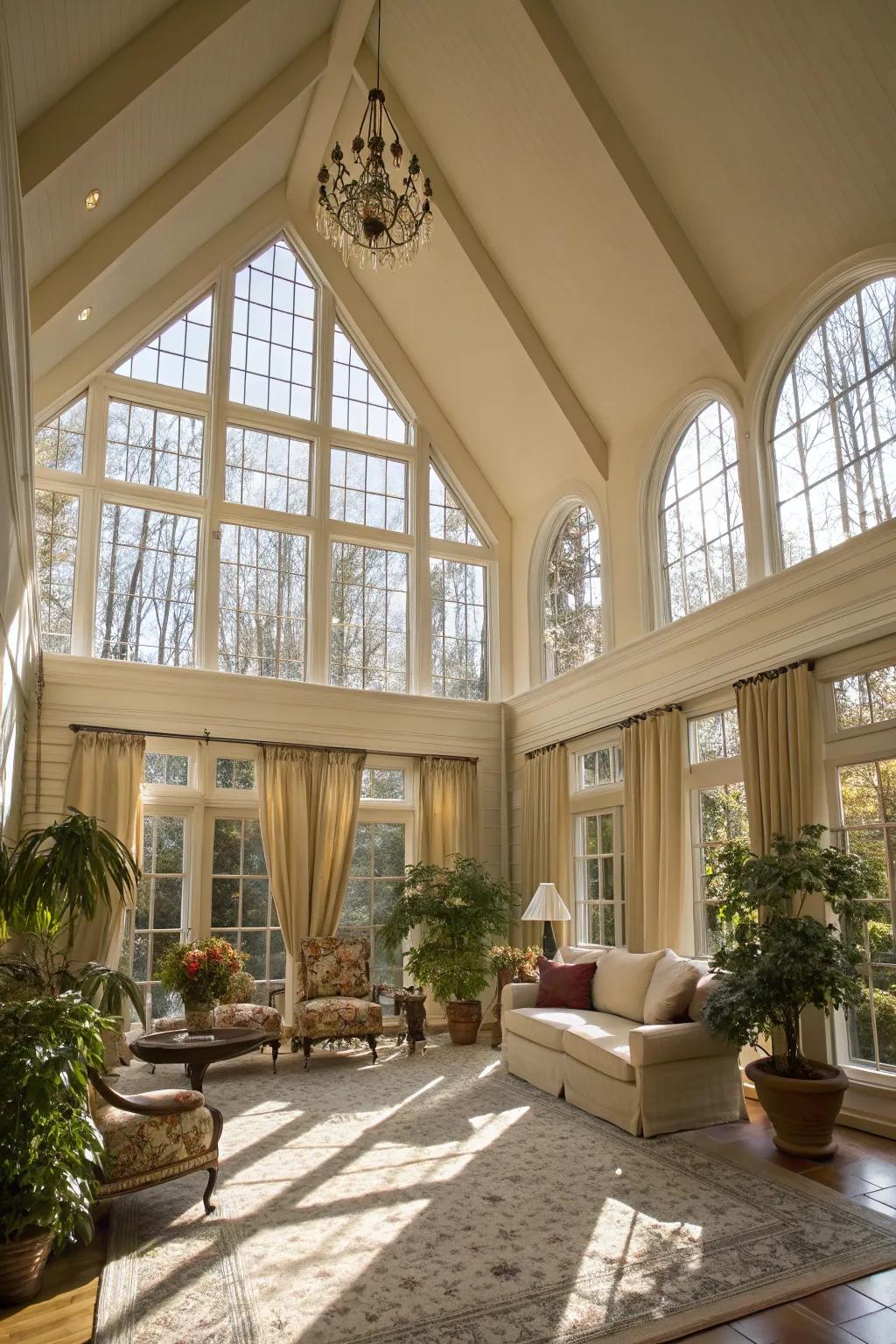 A luxurious sunroom with a stunning cathedral ceiling.