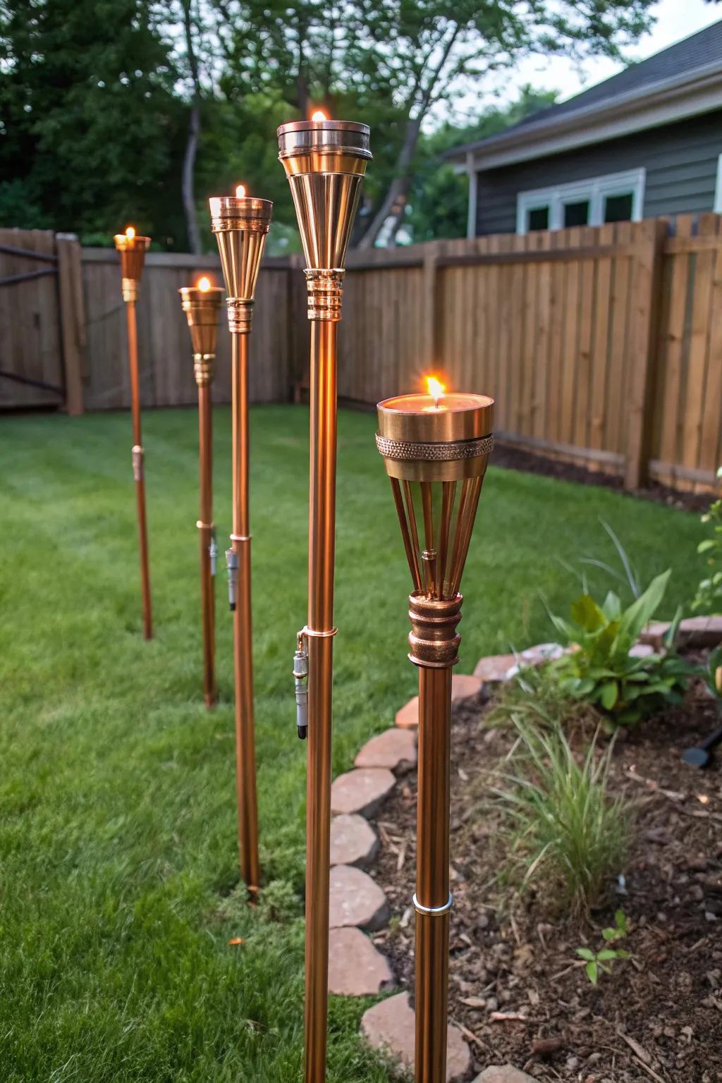 Copper pipe torches add a custom industrial touch to your yard.