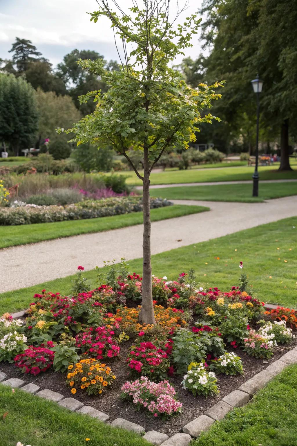 An anchor tree brings structure to garden beds.