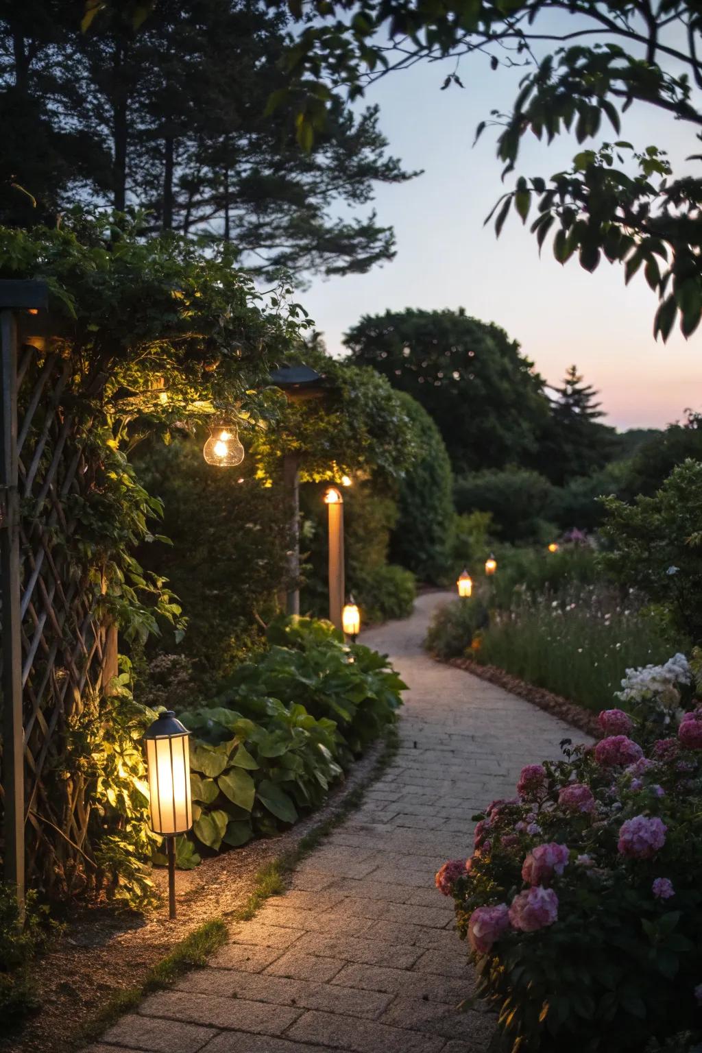 Lighting transforms garden paths into enchanting evening trails.