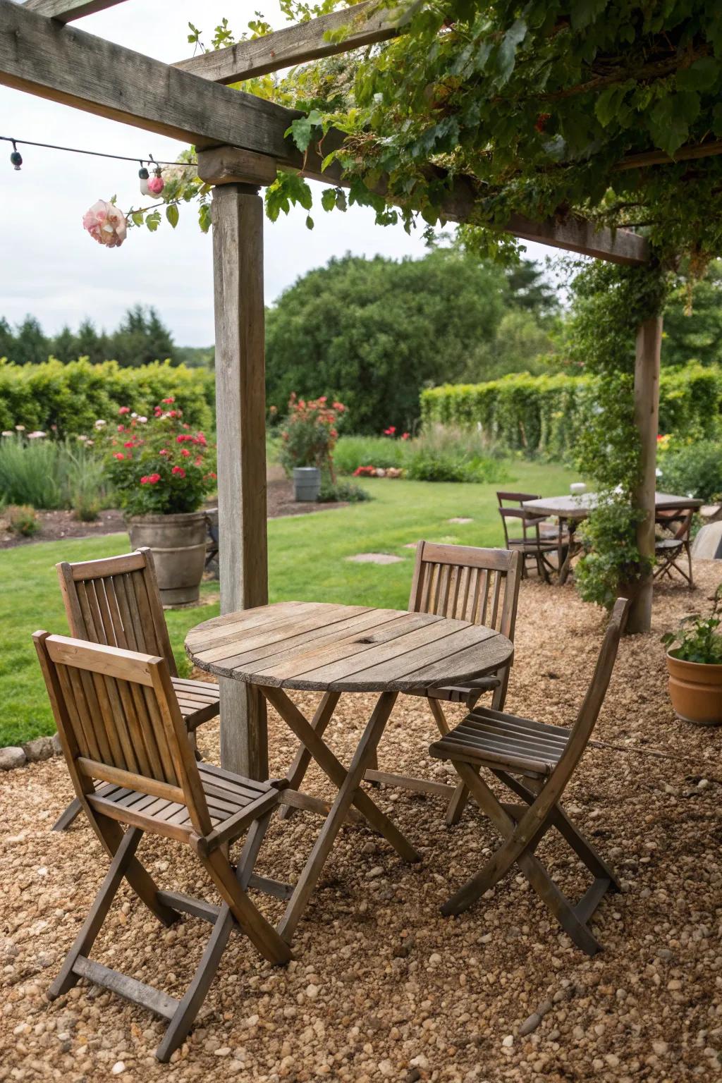 A charming wood chip patio perfect for relaxation and gatherings.