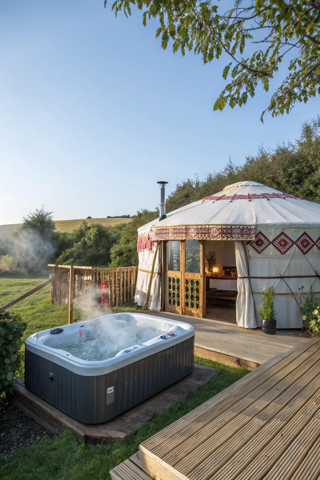 An outdoor spa retreat featuring a hot tub next to a yurt.