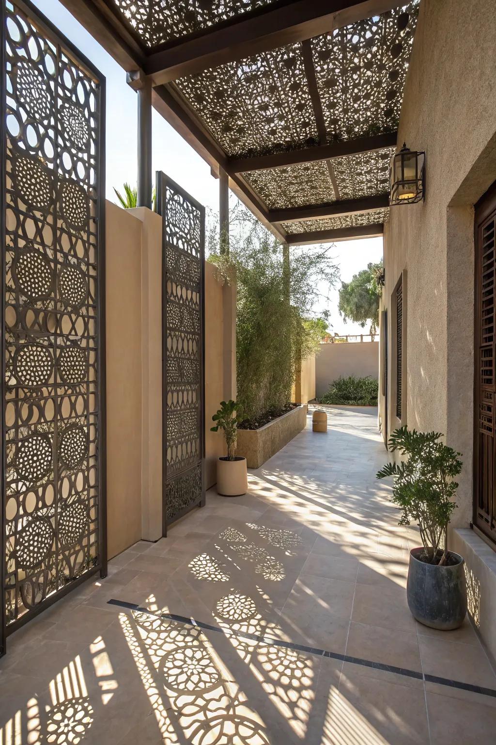 Decorative metal screens add an artistic flair to your outdoor space.