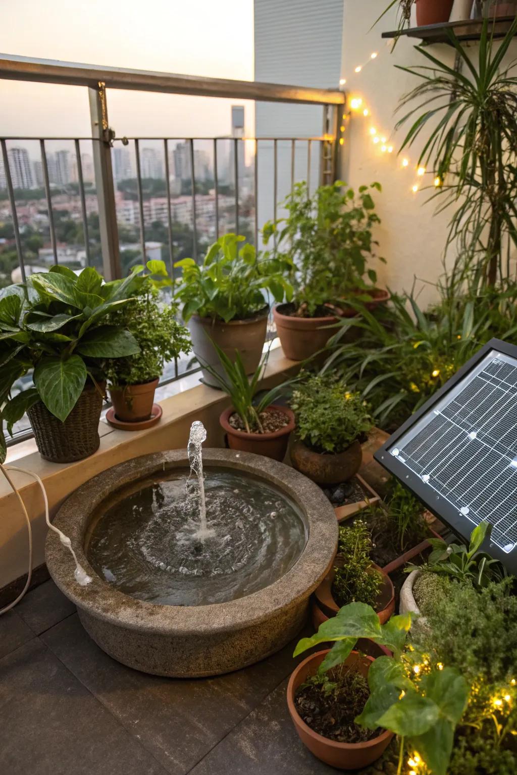 A water feature adds a calming effect to the balcony.